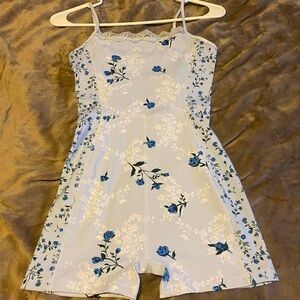 Blue Floral Lace-Trim One-Piece Romper